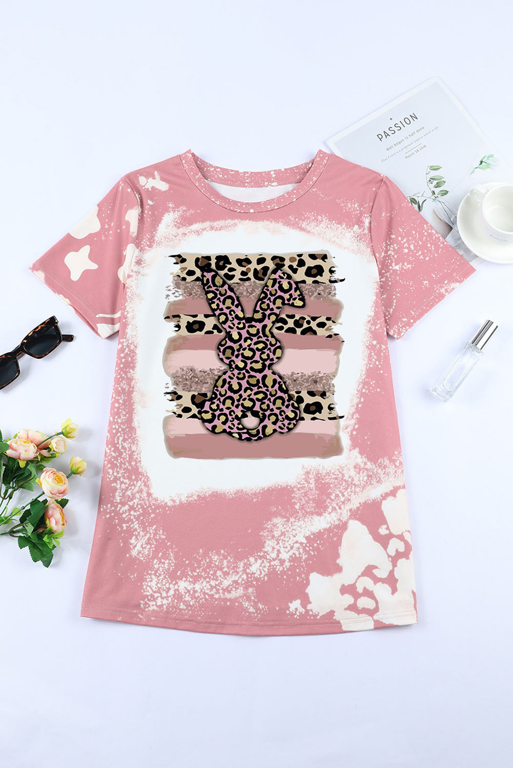 Pink Tie Dye Contrast Leopard Rabbit Graphic T Shirt