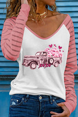 Pink Valentine Colorblock Car & Heart Graphic Long Sleeve Top