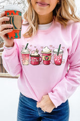 Pink Valentines Sweet Drinking Graphic Print Sweatshirt
