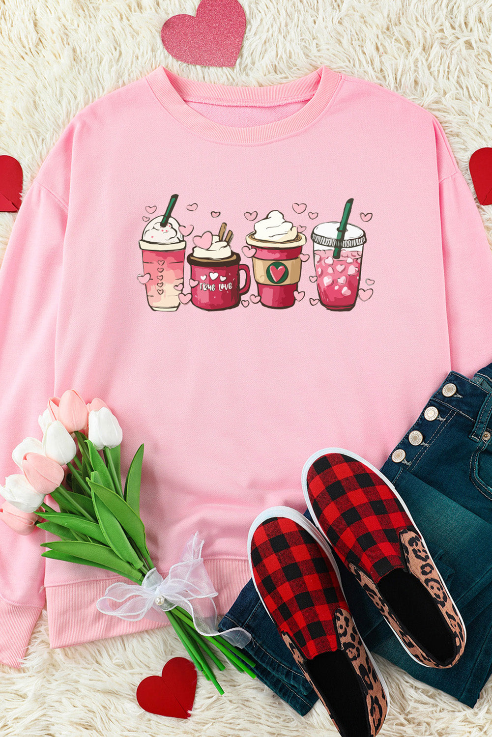 Pink Valentines Sweet Drinking Graphic Print Sweatshirt