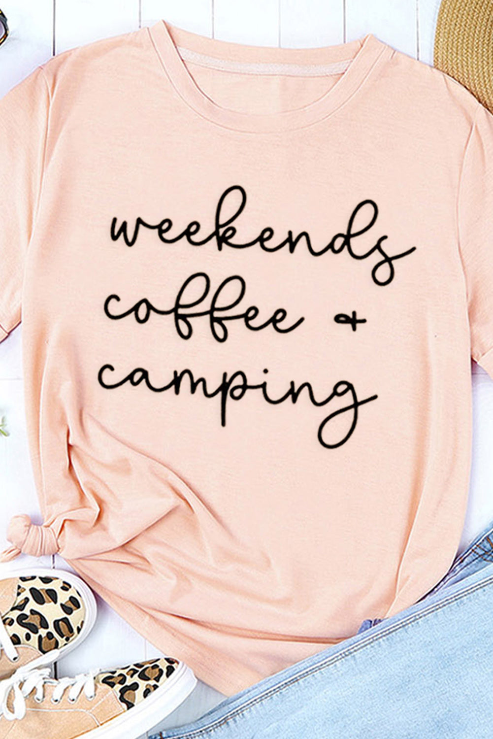 Pink Weekends Coffee & Camping Printed Short Sleeve T Shirt