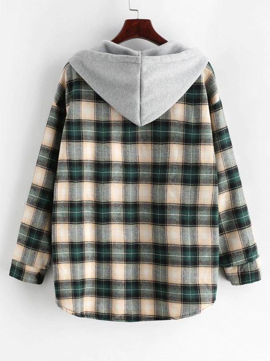 Plaid Buttoned Curved Hem Hooded Coat