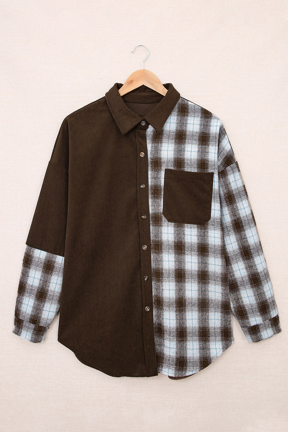 Plaid Color Block Button-Up Oversize Corduroy Shirt