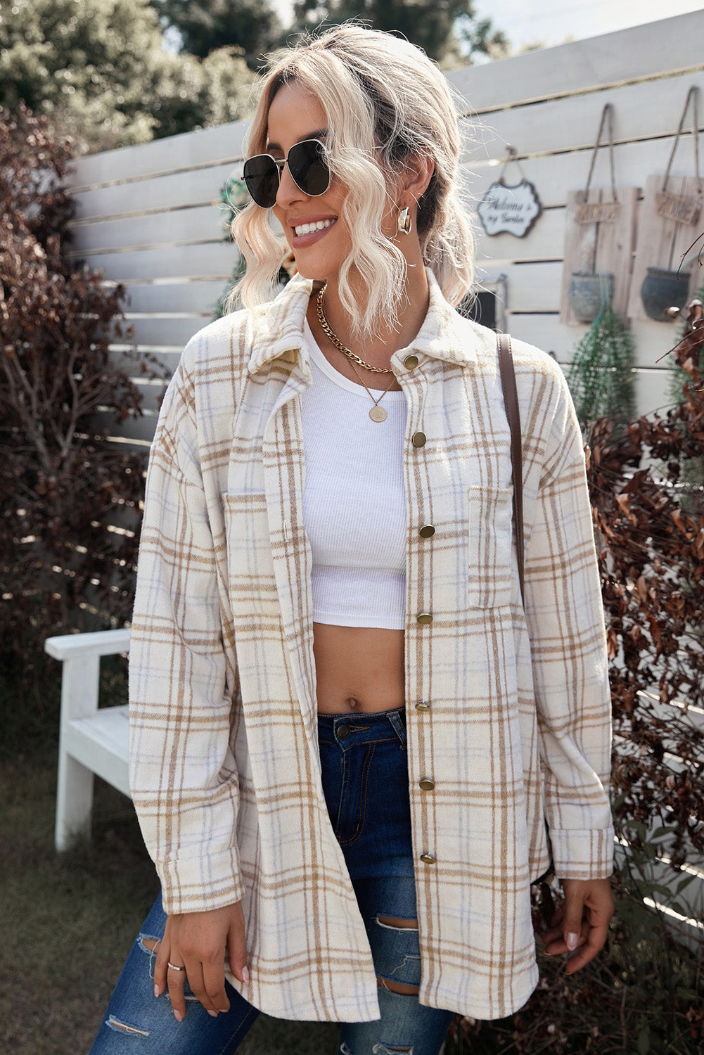 Plaid Pattern Buttoned Shirt Coat With Slits