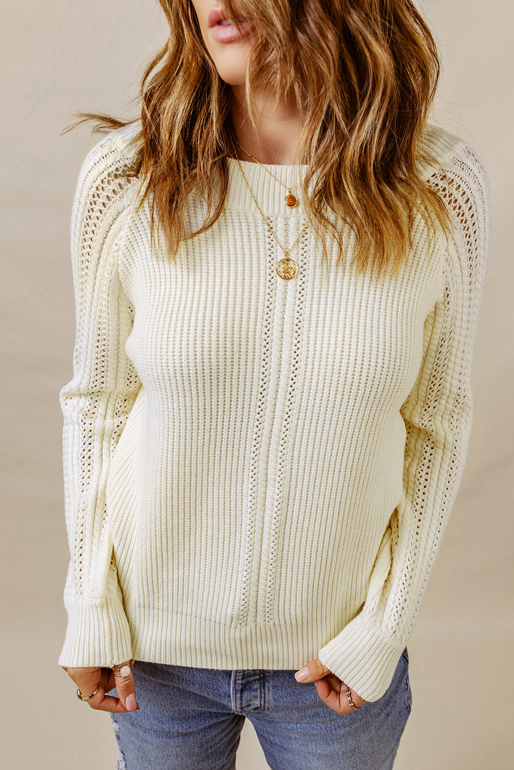 Plain Hollow-Out Knit Long Sleeve Pullover Sweater