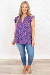Plus Size Floral Print Ruffle Sleeve Blouse