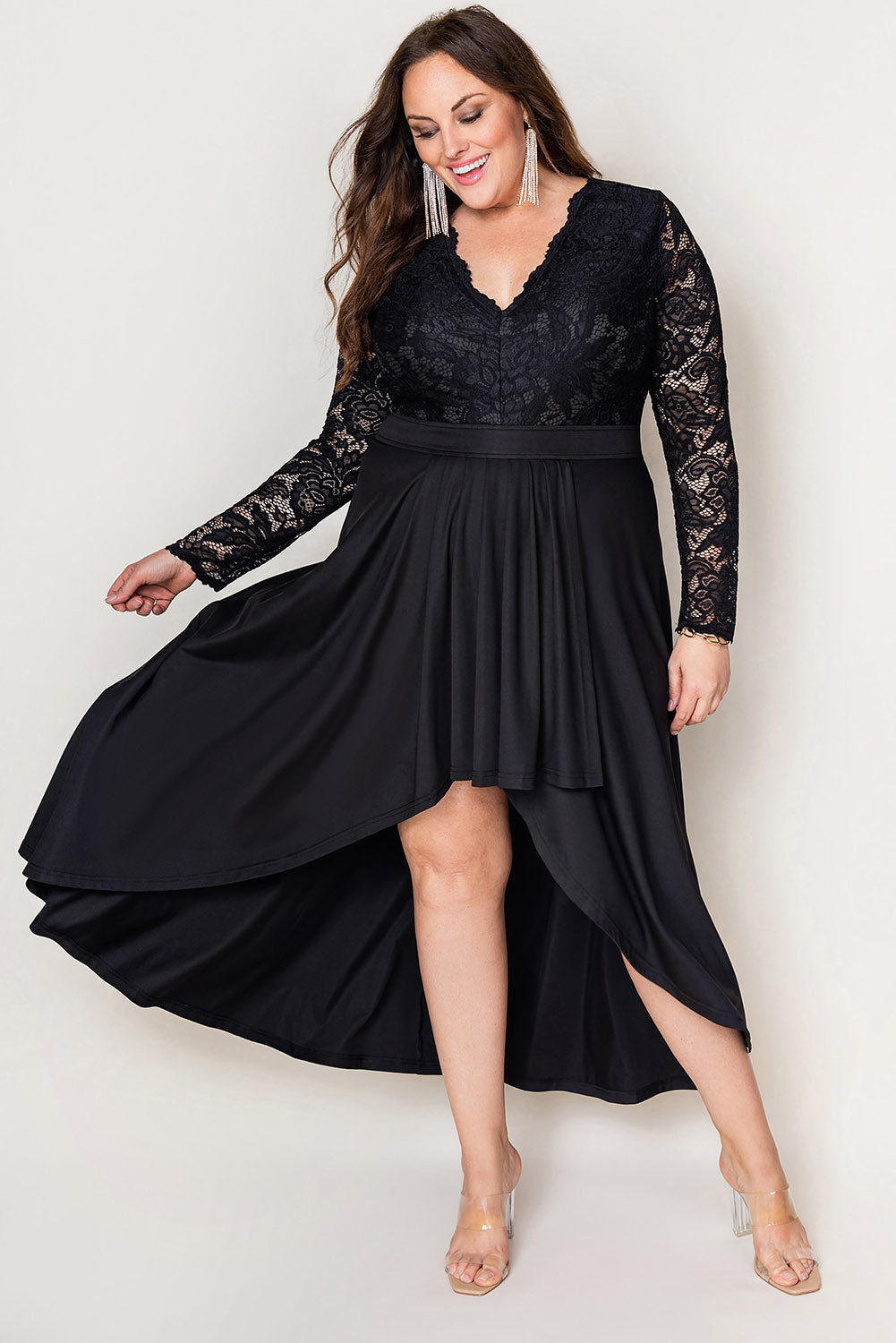 Plus Size High-Low Lace Contrast Evening Dress