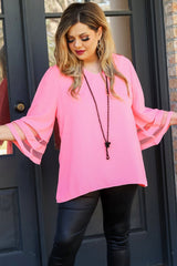 Plus Size Mesh Striped Bell Sleeve Blouse