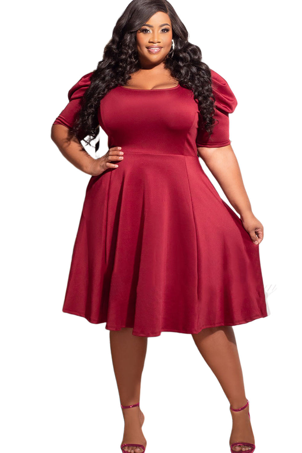 Plus Size Ruched Puff Sleeves Fit Flare Midi Dress