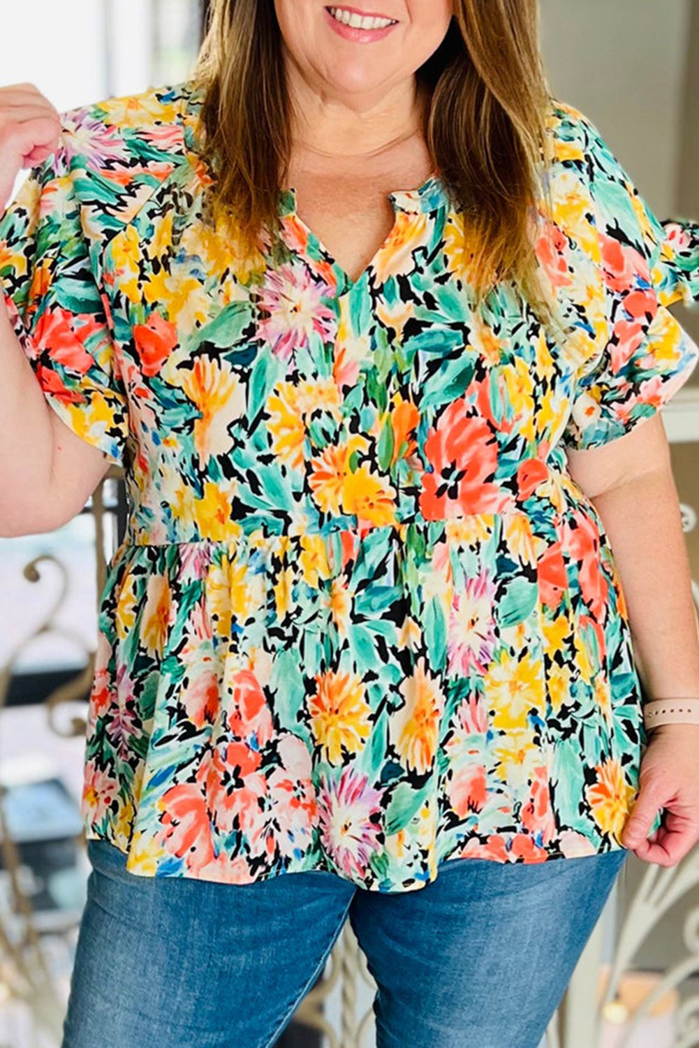 Plus Size Ruffled Short Sleeve Floral Blouse