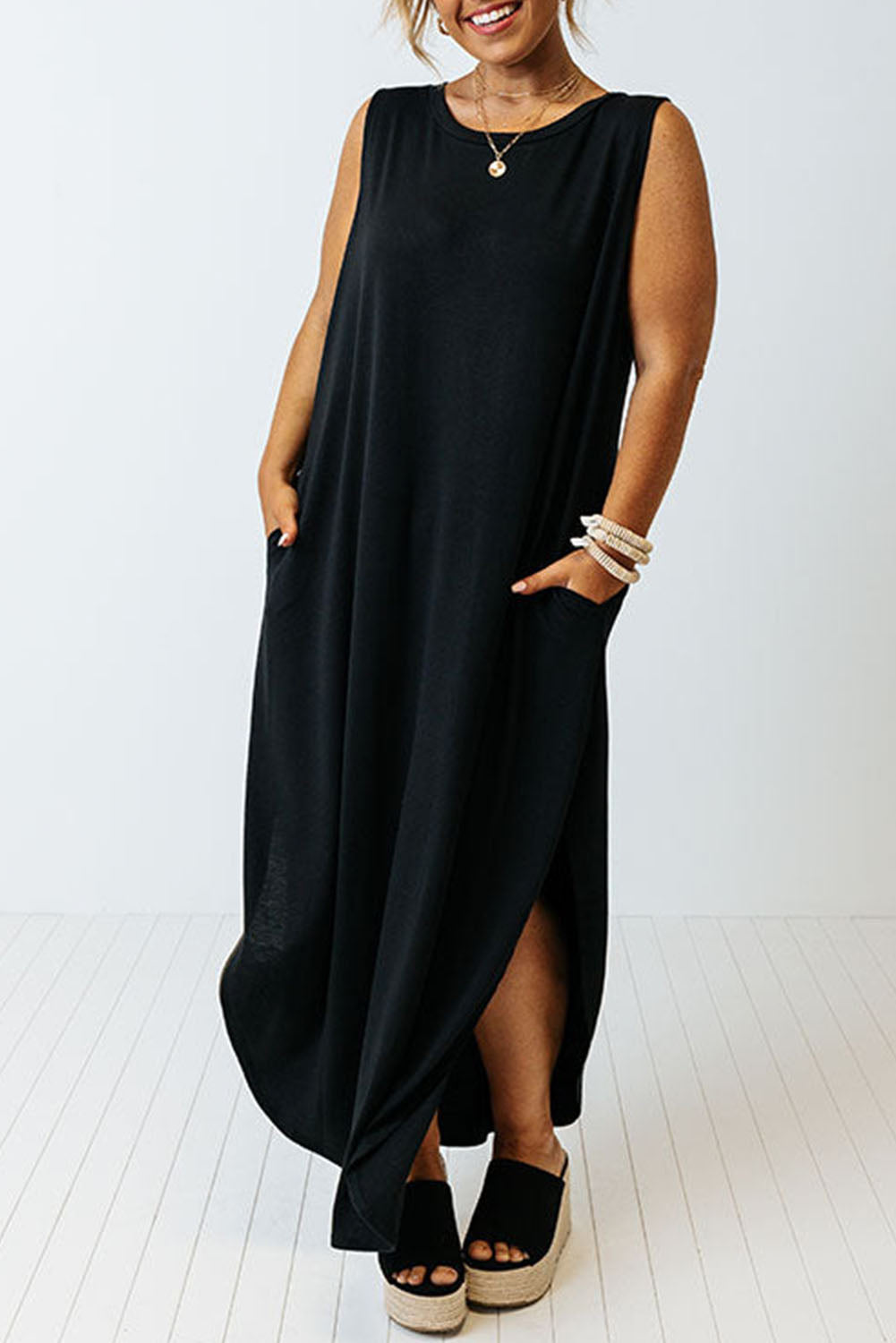 Plus Size Wide Sleeveless Shoulder Straps Maxi Dress