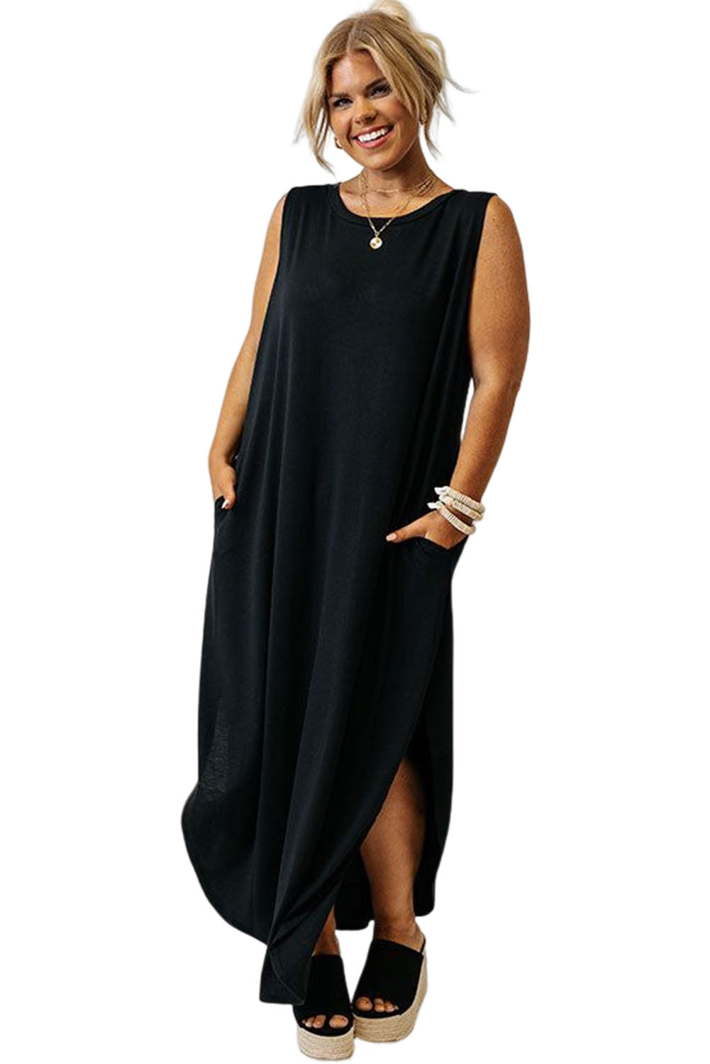Plus Size Wide Sleeveless Shoulder Straps Maxi Dress