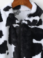 Plush Cow Print Drop Shoulder Zipper Coat