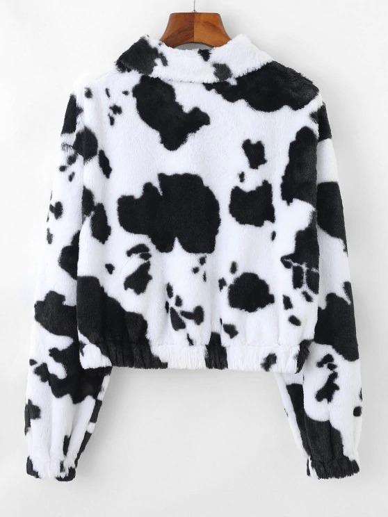 Plush Cow Print Drop Shoulder Zipper Coat