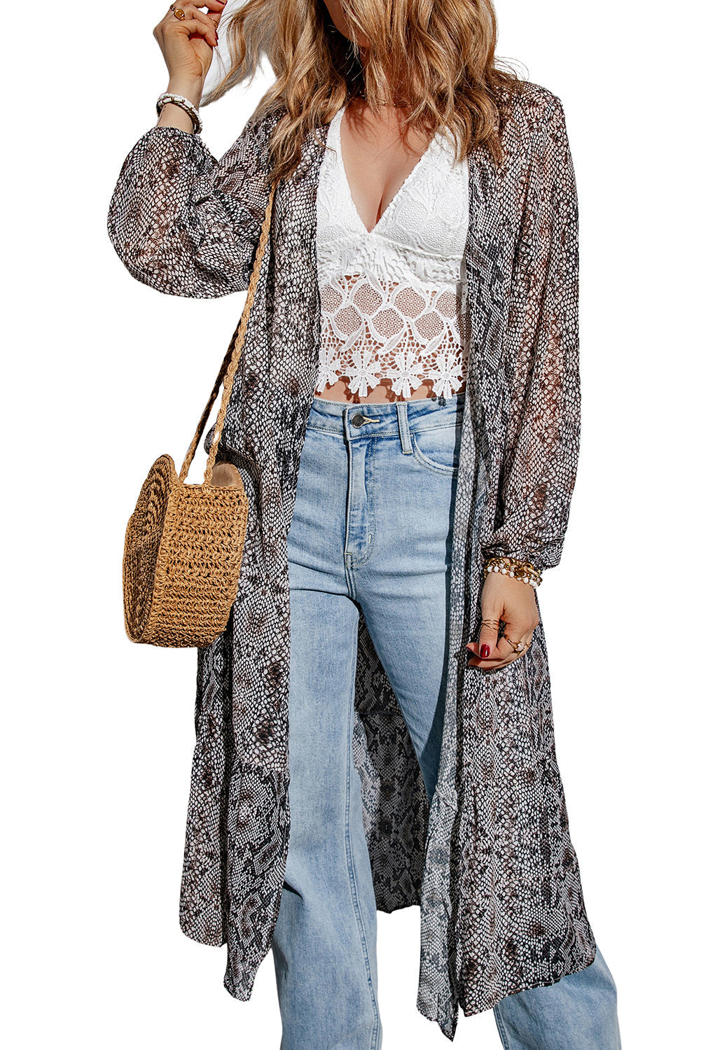 Print Ruffled Open Front Long Cover-Up
