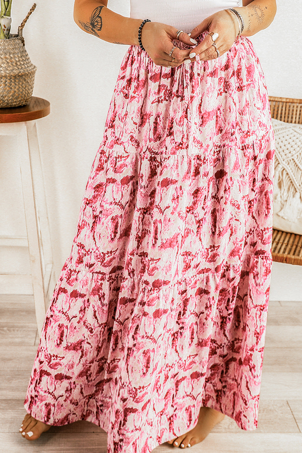 Printed Lace-Up High Waist Maxi Skirt