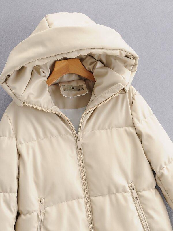 PU Leather Zip Up Hooded Puffer Coat