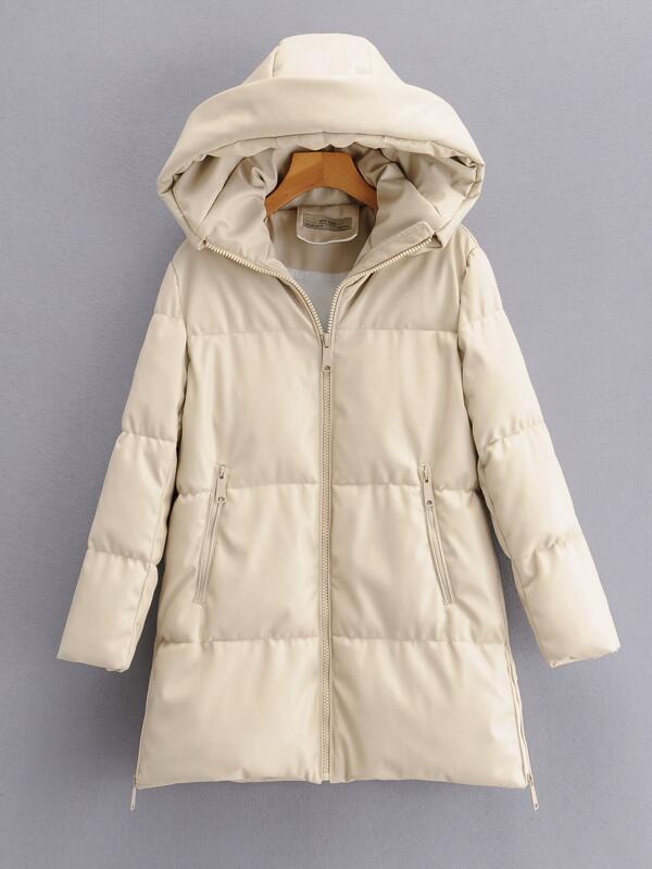 PU Leather Zip Up Hooded Puffer Coat
