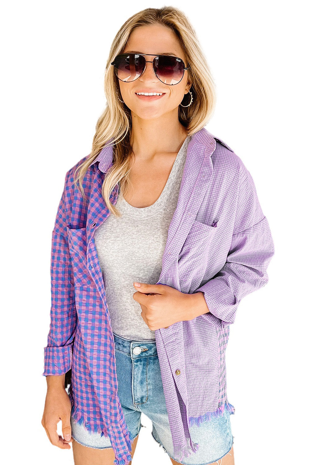 Purple Mixed Plaid Button Down Long Sleeve Chest Pocket Shirt