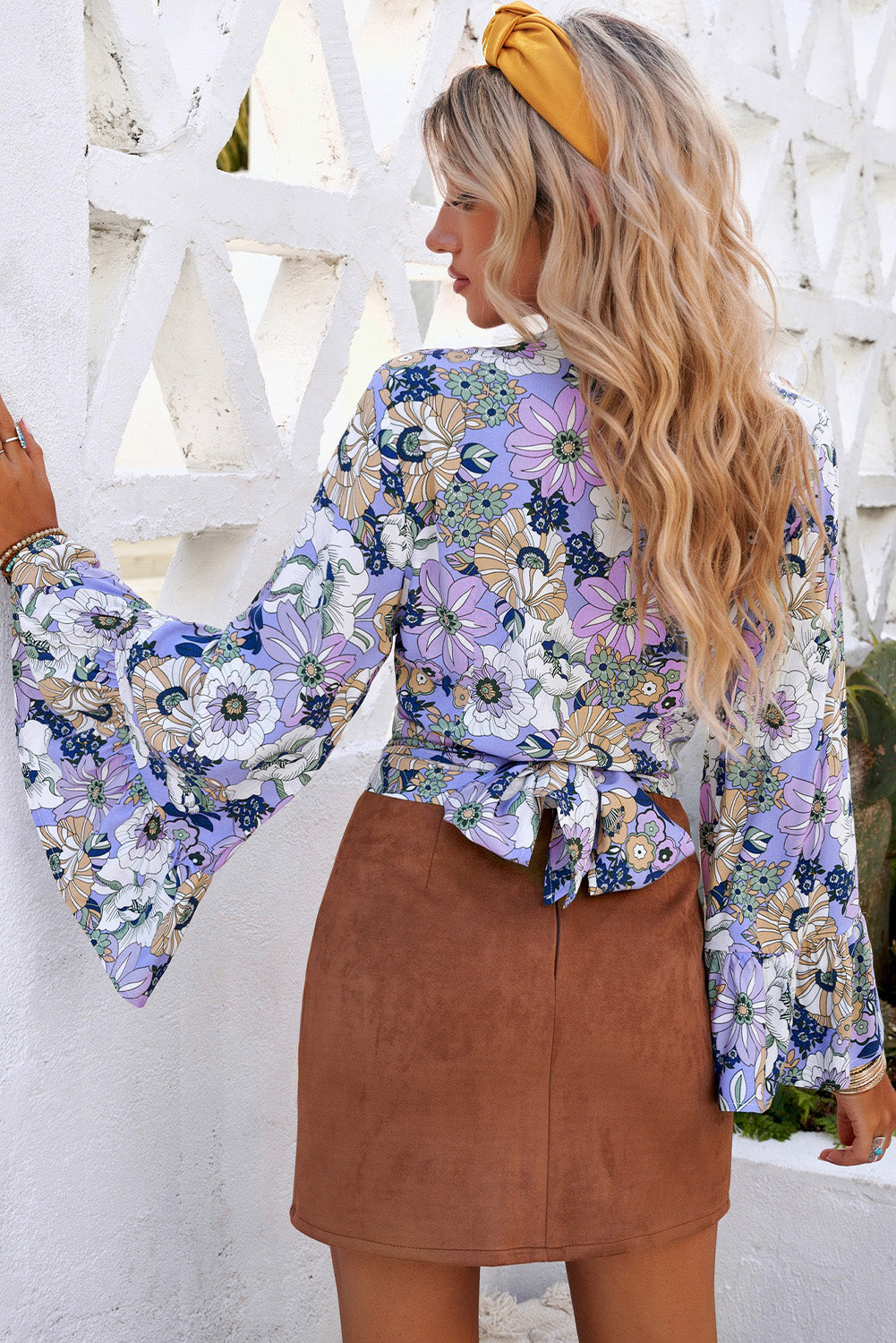 Purple Wrap V Neck Knot Back Ruffled Bell Sleeve Floral Top