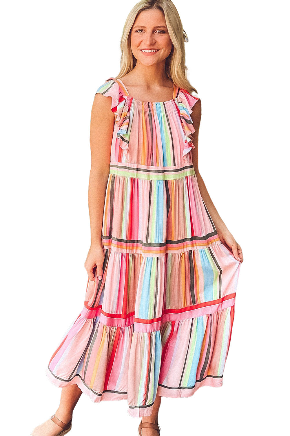 Rainbow Stripe Ruffles Ruched Tiered Dress