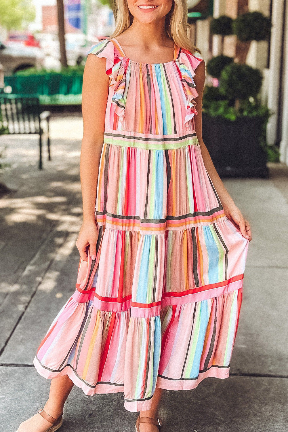 Rainbow Stripe Ruffles Ruched Tiered Dress