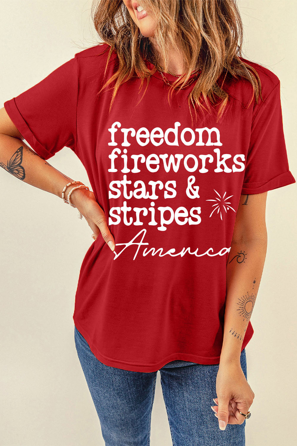 Red American Freedom Day Slogan Print T Shirt