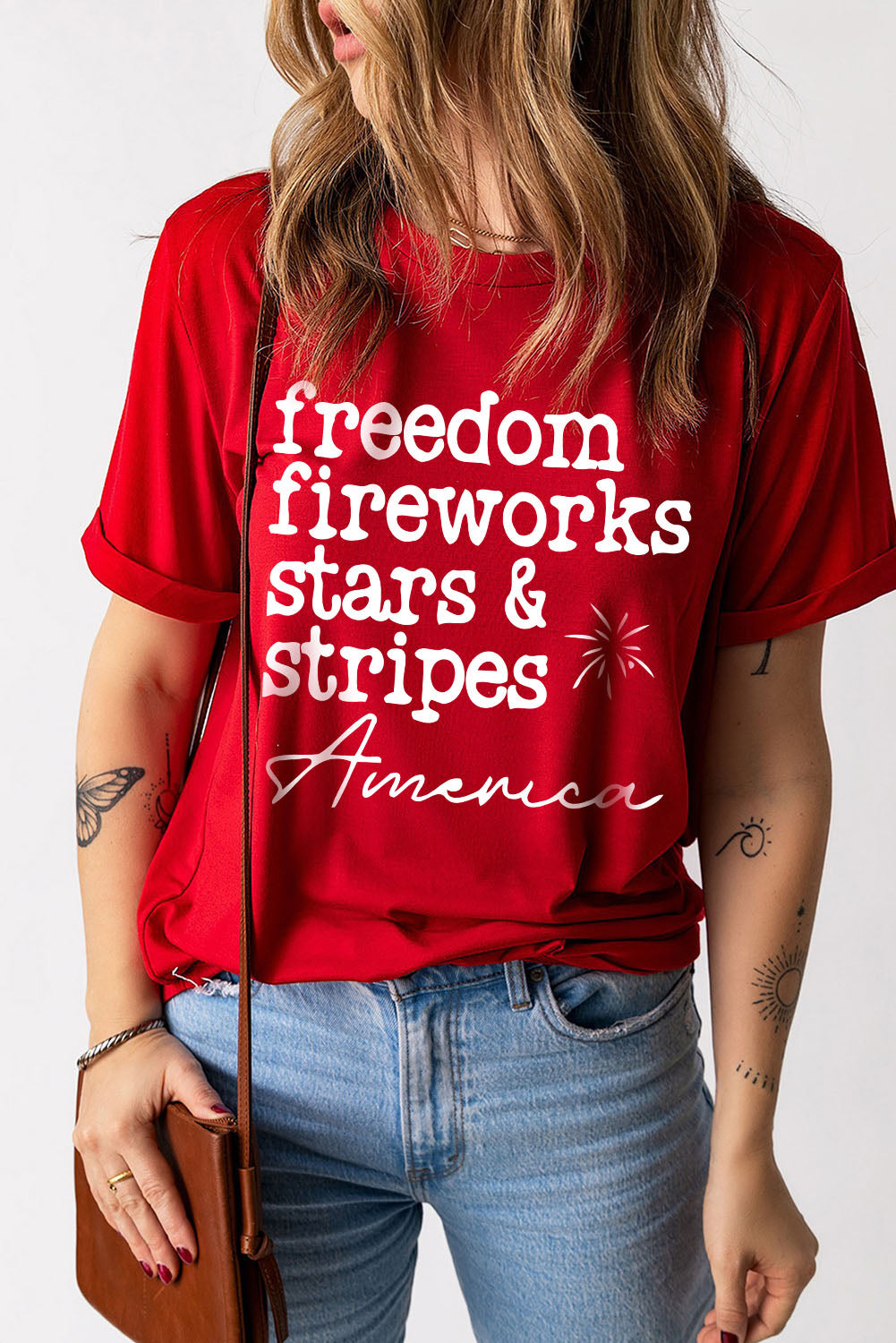 Red American Freedom Day Slogan Print T Shirt