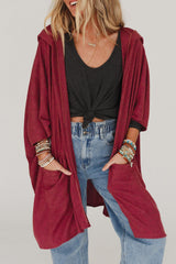 Red Bracelet Sleeve Pocketed Open Front Hooded Cardigan