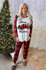 Red Christmas Pattern Plaid Color Block Two Piece Lounge Set