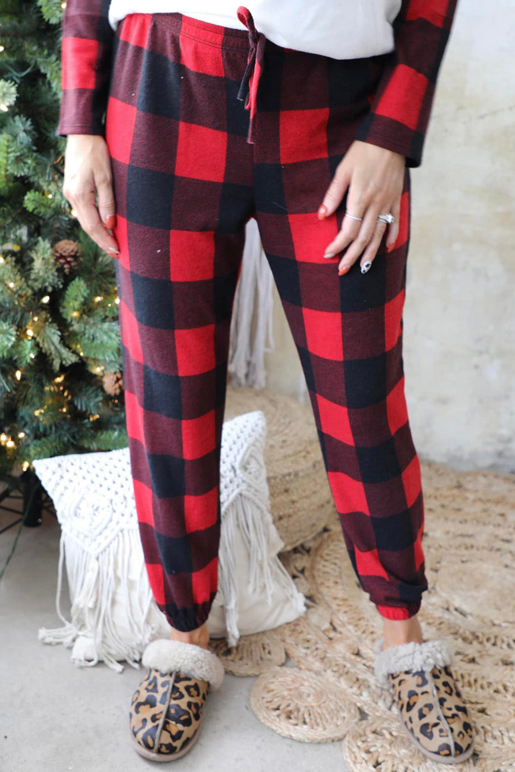 Red Christmas Pattern Plaid Color Block Two Piece Lounge Set