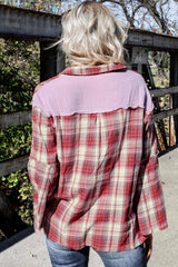 Red Contrast Patchwork Raw Edge Distressed Plaid Shirt