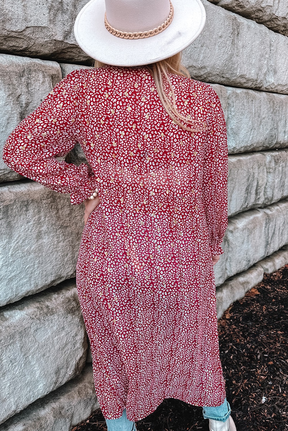Red Dotted Print Tie Waist Long Cover Up