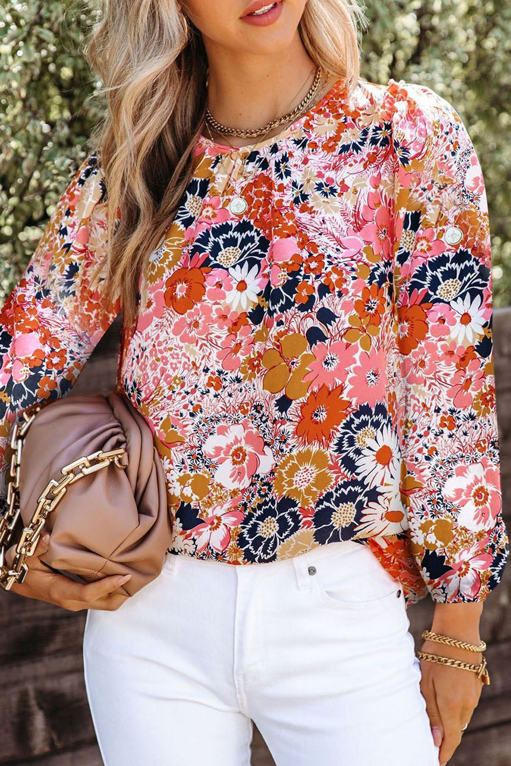 Red Floral Crewneck Long Sleeve Blouse