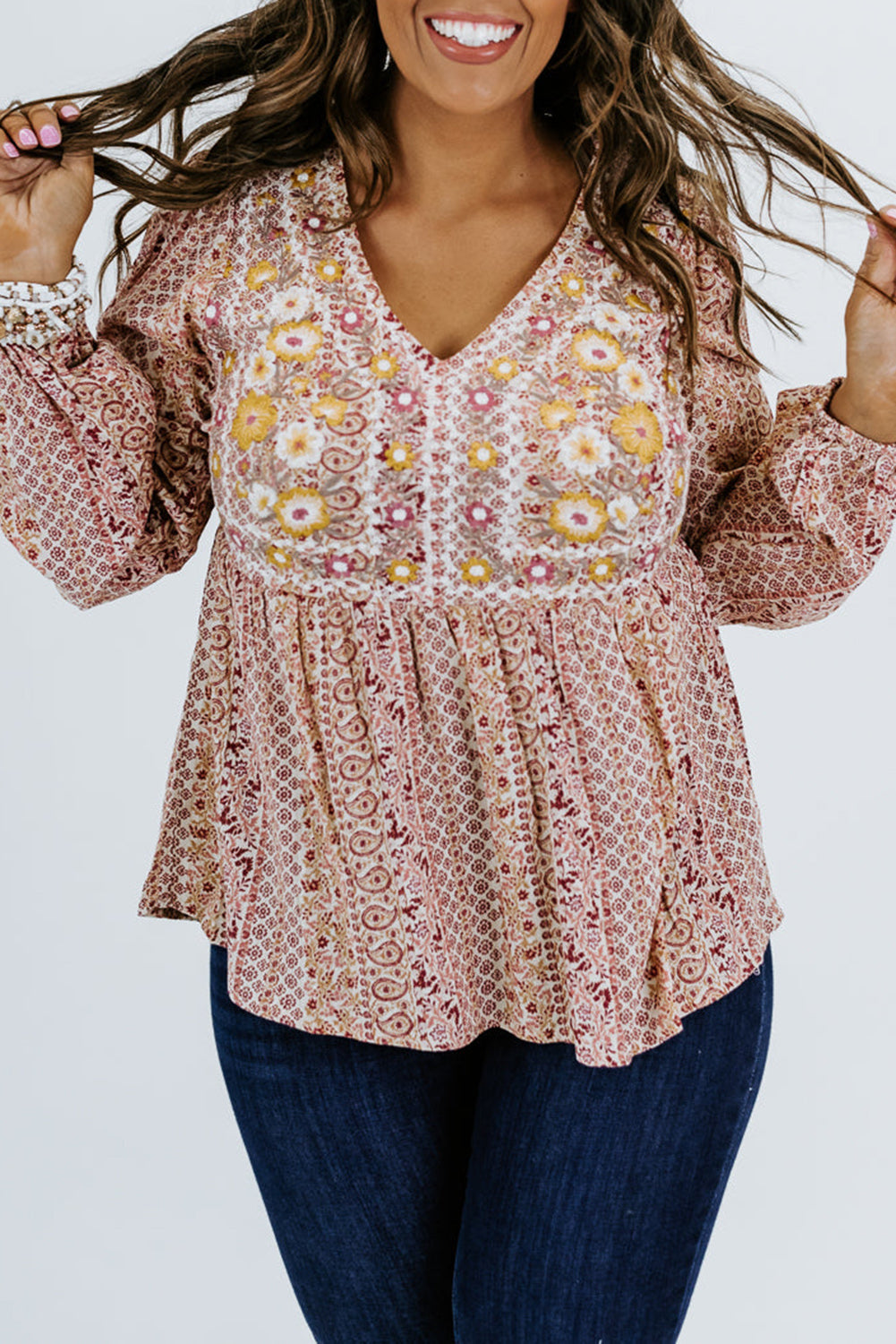 Red Floral Embroidered Plus Size Babydoll Blouse