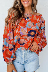 Red Floral Print Ruffle Puff Sleeve Blouse