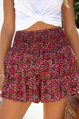 Red Floral Print Smocked Waist Shorts