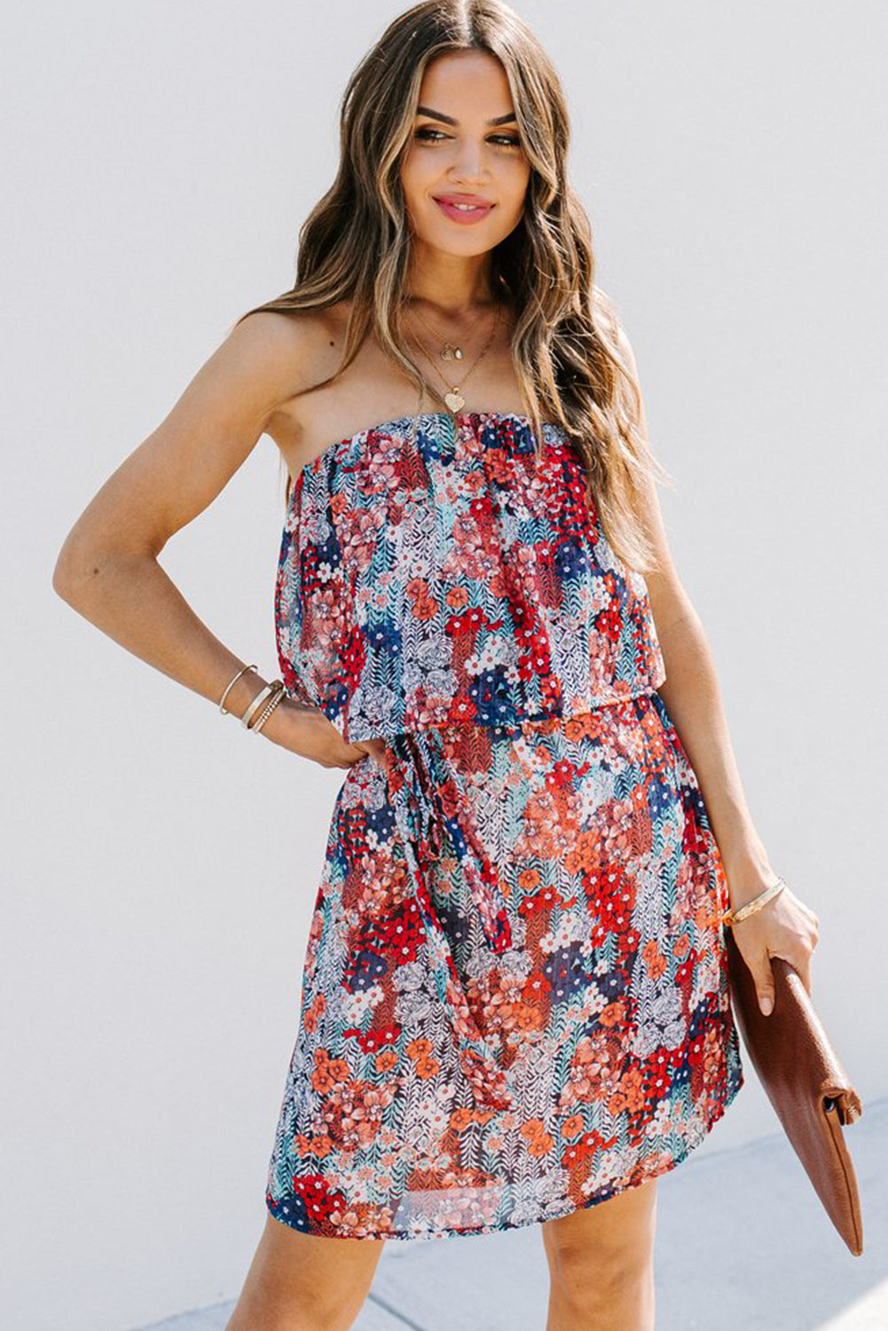 Red Floral Print Tiered Ruffled Bandeau Mini Dress