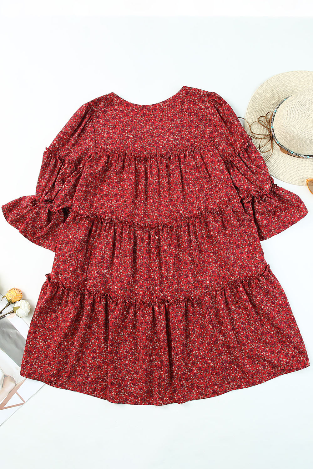 Red Floral Print Tiered Ruffled Square Neck Babydoll Dress