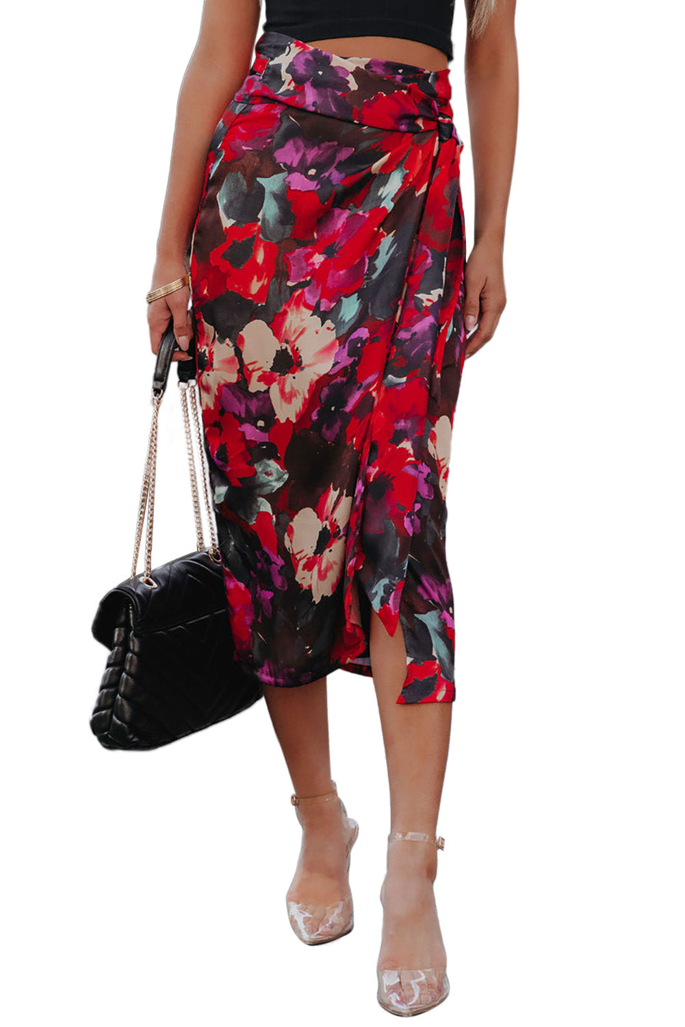 Red Floral Wrap Midi Skirt