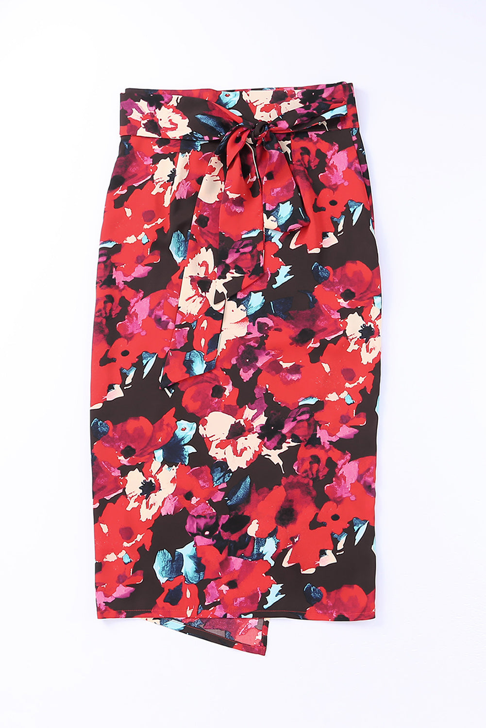 Red Floral Wrap Midi Skirt