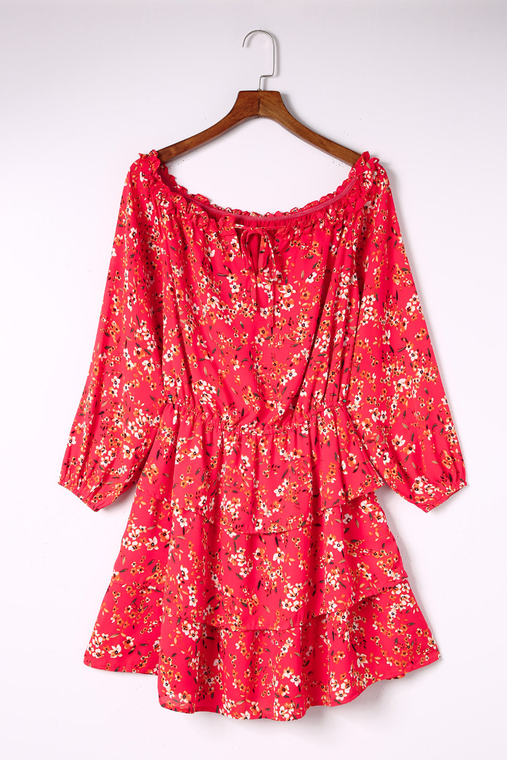 Red Frilled Neckline Tiered Ruffled Floral Dress