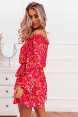 Red Frilled Neckline Tiered Ruffled Floral Dress