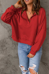 Red Front Buttons Drop Shoulder Pullover Sweatshirt