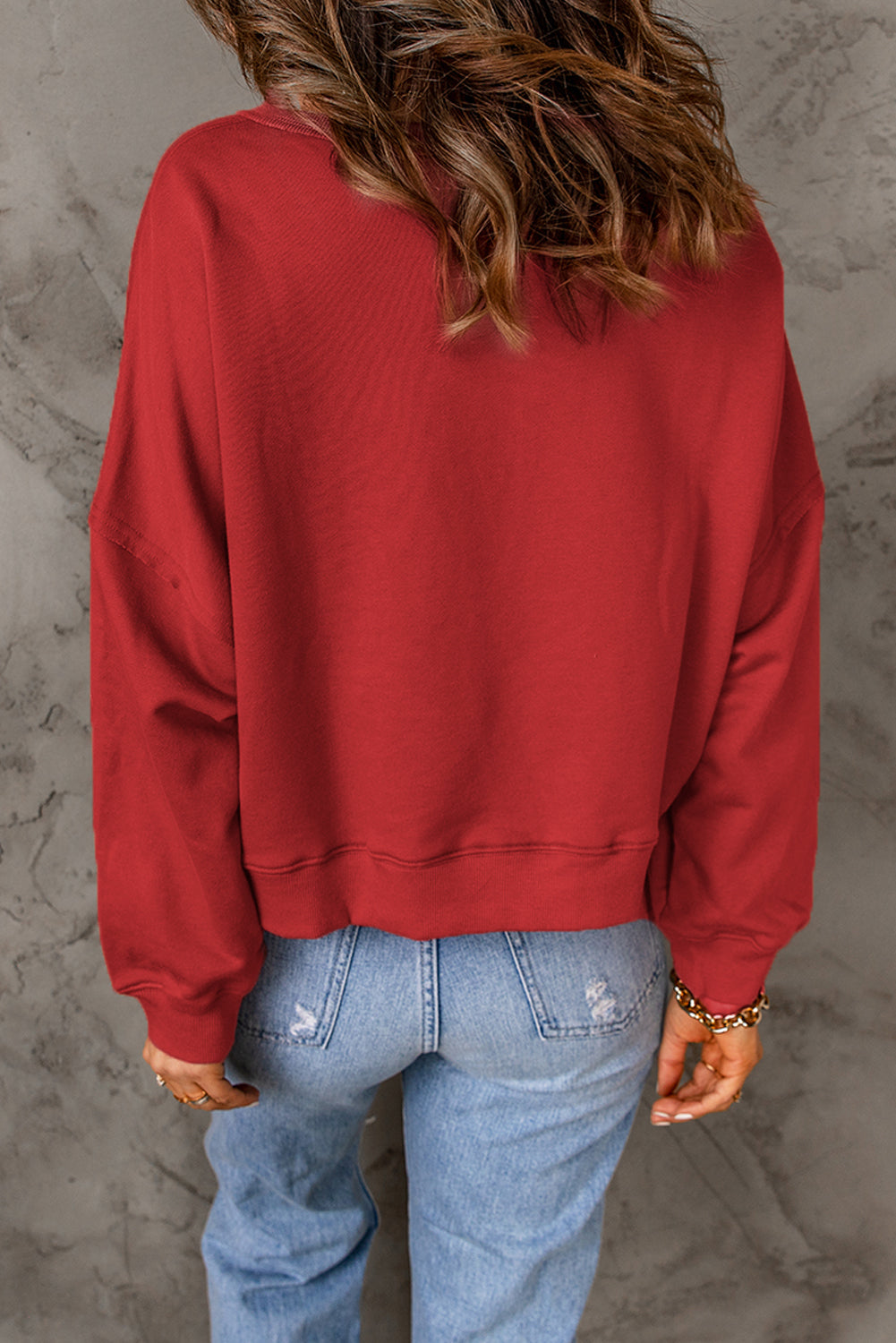 Red Front Buttons Drop Shoulder Pullover Sweatshirt