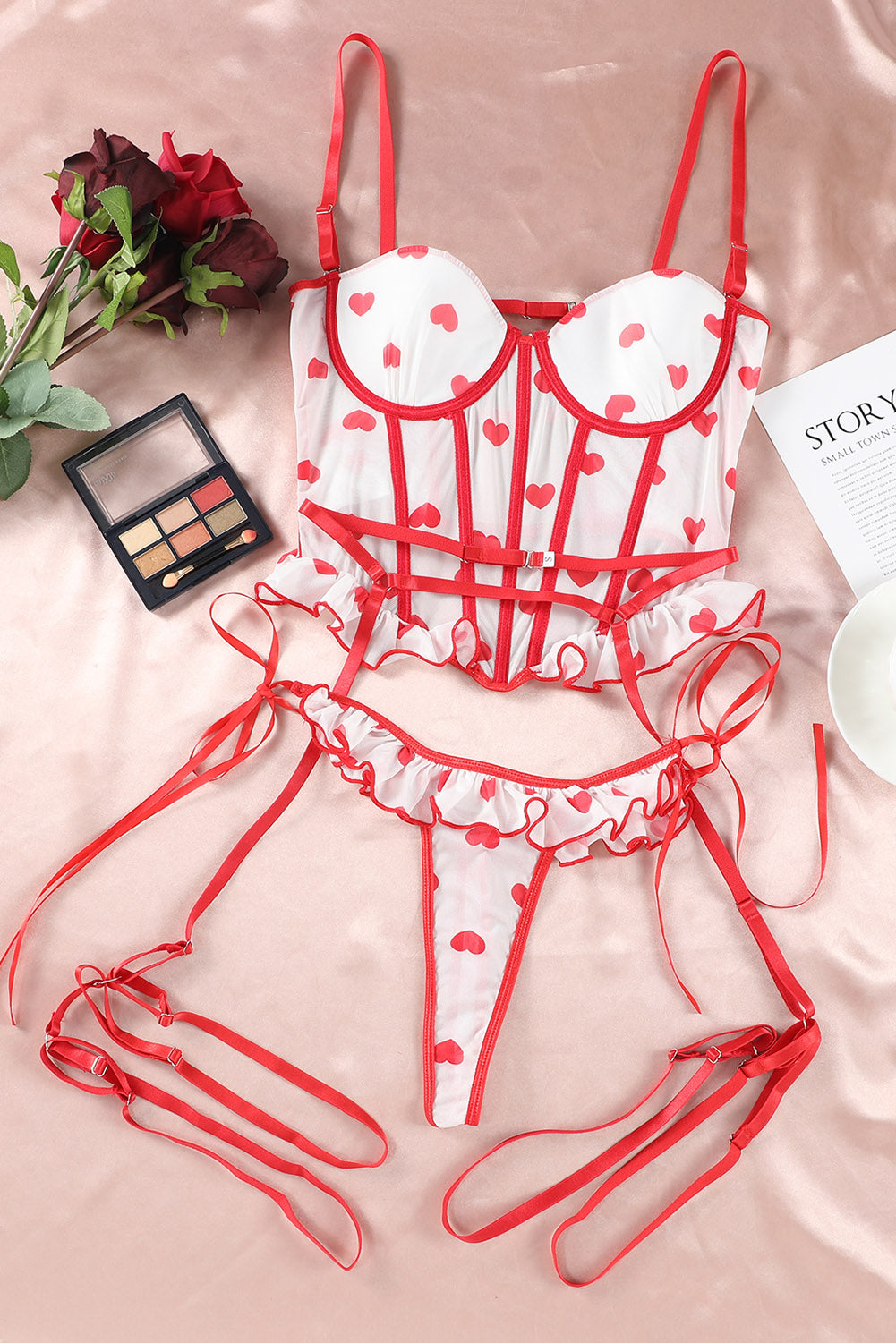 Red Heart Print Ruffled Strappy Three-Piece Lingerie Set