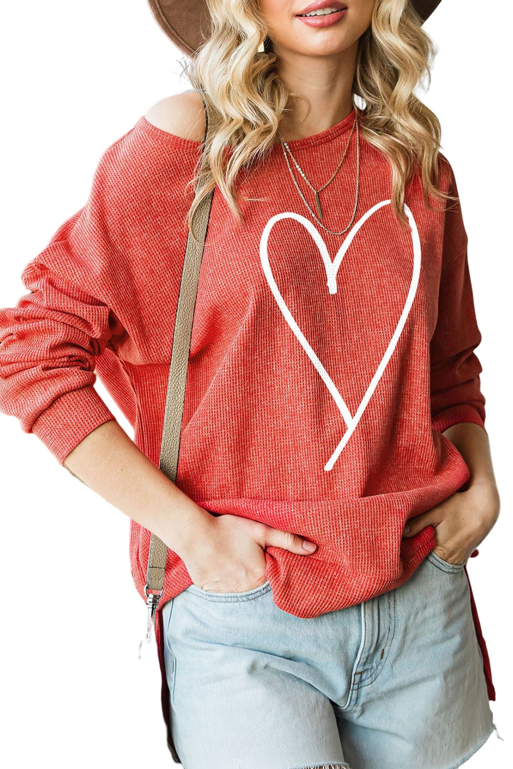 Red Heart Shaped Waffle Knit High Low Long Sleeve Top