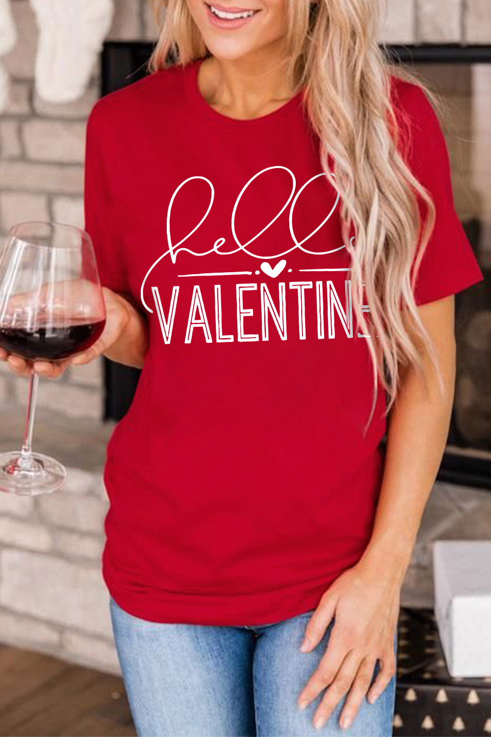 Red Hello Valentine Letter Print T Shirt