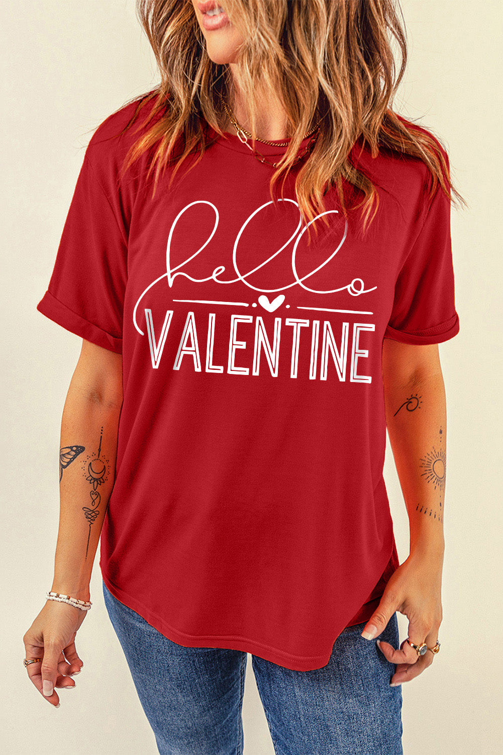 Red Hello Valentine Letter Print T Shirt