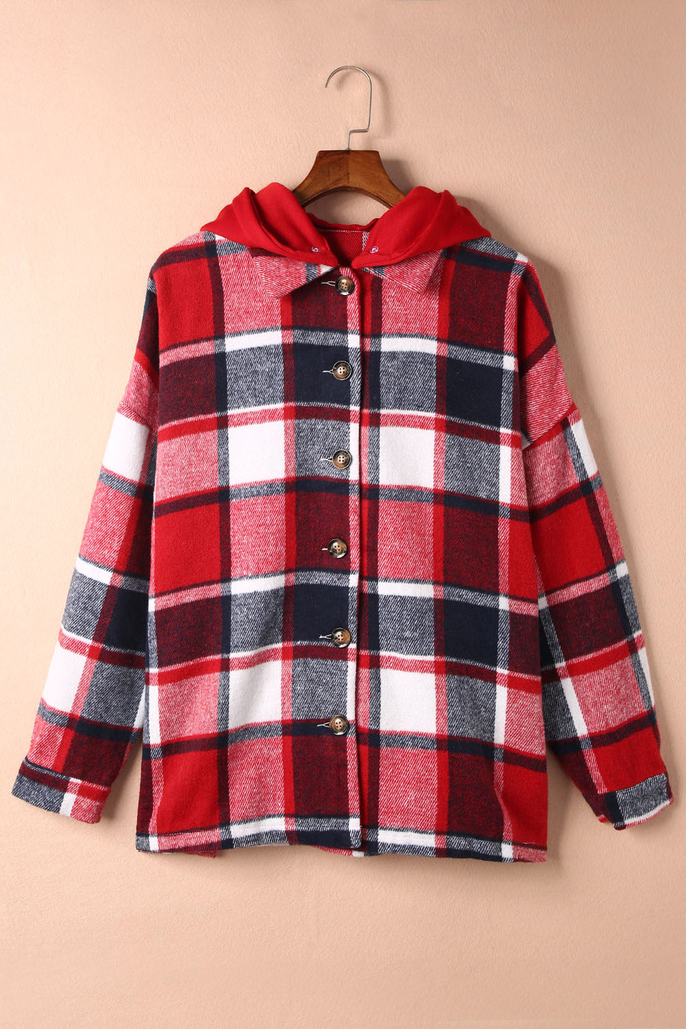 Red Hooded Plaid Button Front Shacket